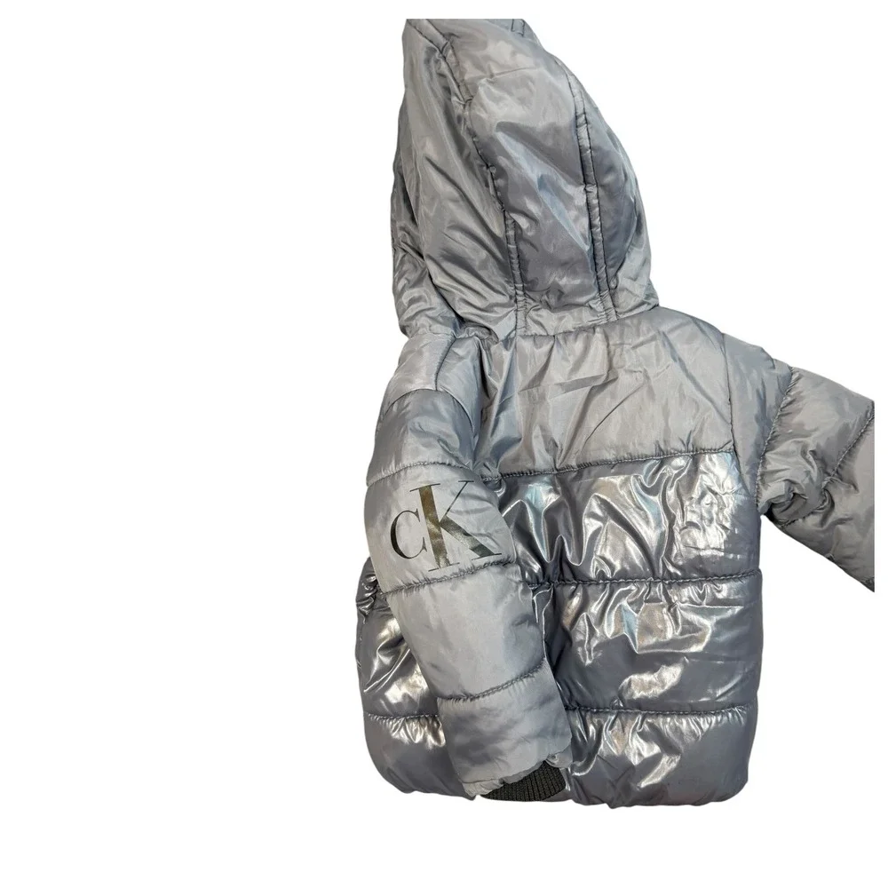Calvin Klein Jeans Puffer Jacket Baby 12M Silver Metallic Hooded CK Logo Coat